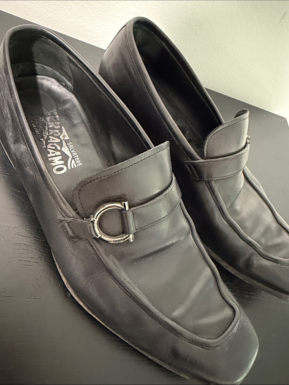 Salvatore Ferragamo Black Leather Penny-Style Loafers with Silver Bit